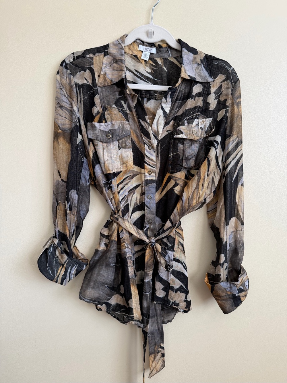 Cache Large Linen Rayon Abstract Floral Belted Button Front Blouse Tunic Y2K